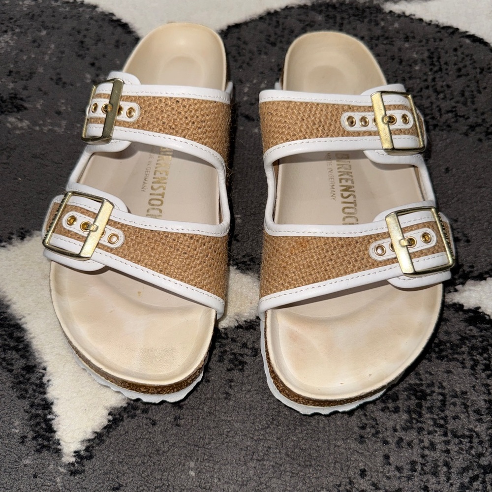 Birkenstock Women's Jute and White Leather Arizona Sandals